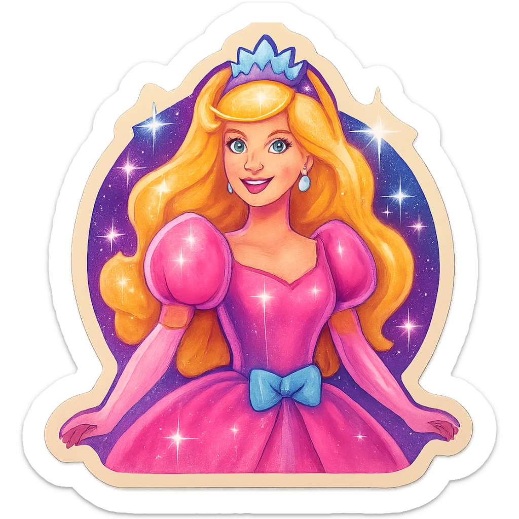Barbie inspired sticker, princess theme, tiara, elegant dress, magical atmosphere sticker