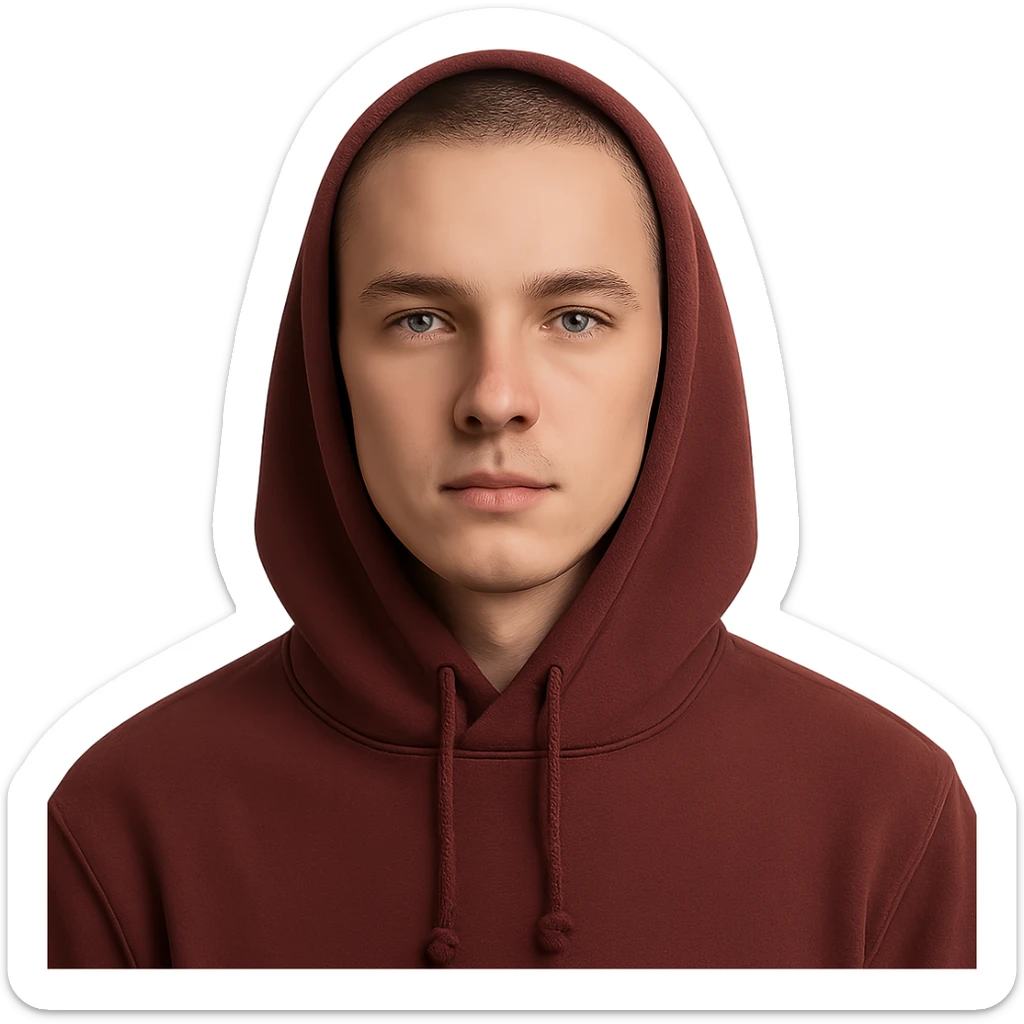 young European male wearing maroon hoodie with hood up, short brown buzzcut, smooth skin, oval face, defined jaw, high cheekbones, sharp eyes, straight eyebrows, neutral calm expression sticker