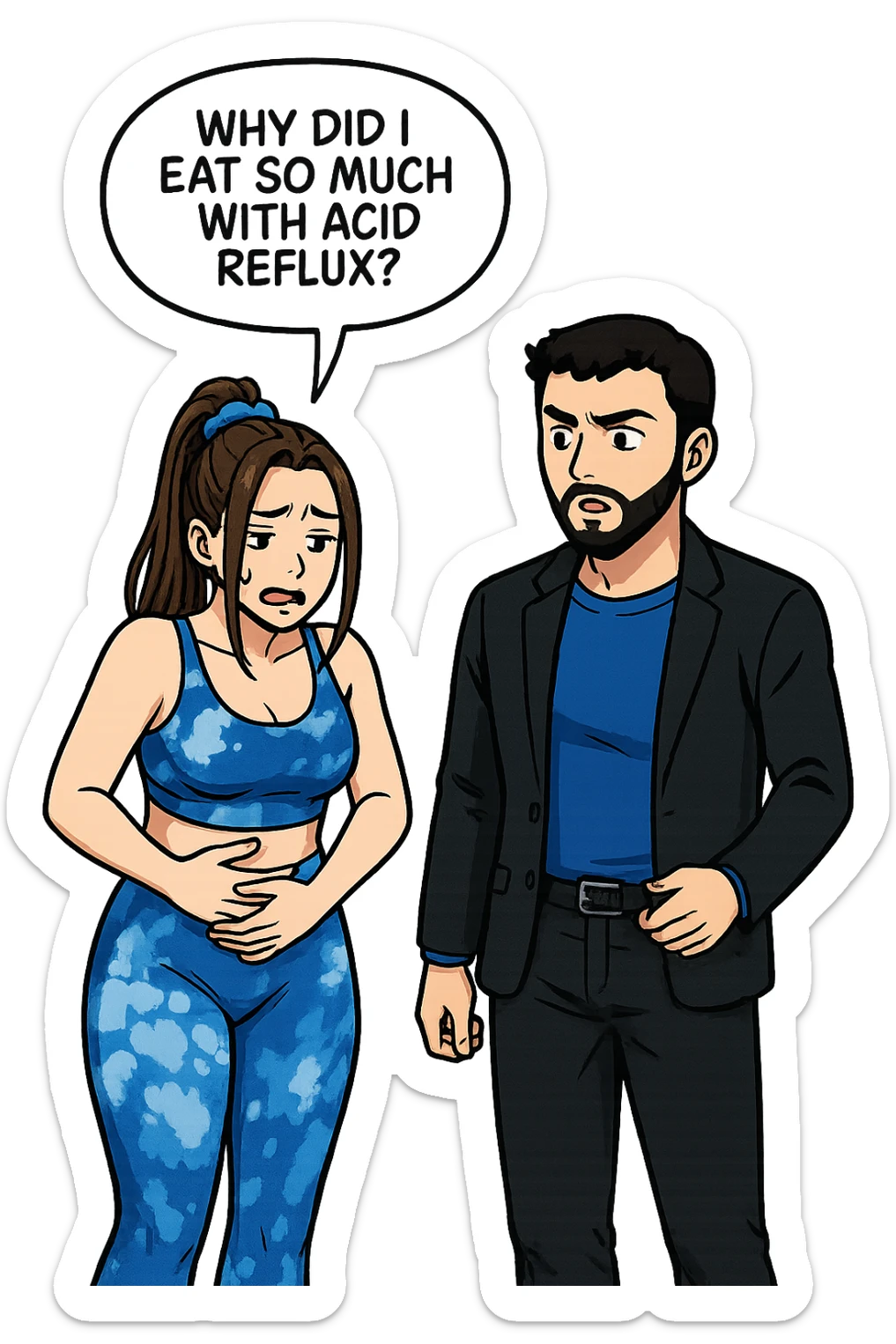 TRASFORMA QUESTO CAROSELLO IN UN FUMETTO STILE WEBTOON/MANGA A COLORI CON QUESTE DUE PERSONE IDENTICHE CHE INTERLOQUISCONO TRA LORO, LA DONNA è DISPERATA CON LE MANI sulla pania perché soffre di reflusso E STA DOMANDANDO TUTTA AGITATA UNA COSA ALL'UOMO:

LEI (DONNA): Ho sempre il reflusso anche se mangio poco (e bene), cosa posso fare?
 sticker