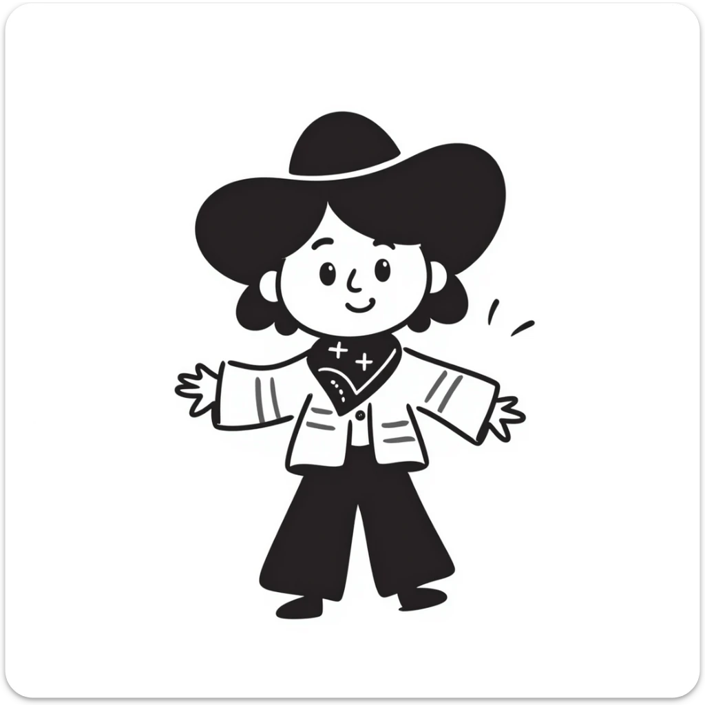 A hand-drawn plush cowgirl toy with a bandana, hat and a cute smile sticker