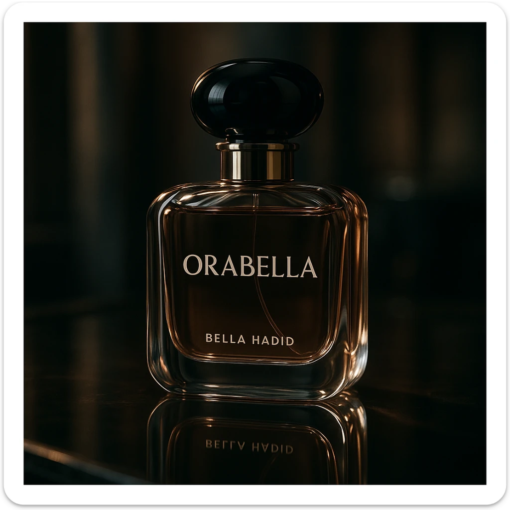 cinematic, realistic 3D rendering of the Orabella fragrance bottle by Bella Hadid, on a reflective surface, sophisticated atmosphere sticker