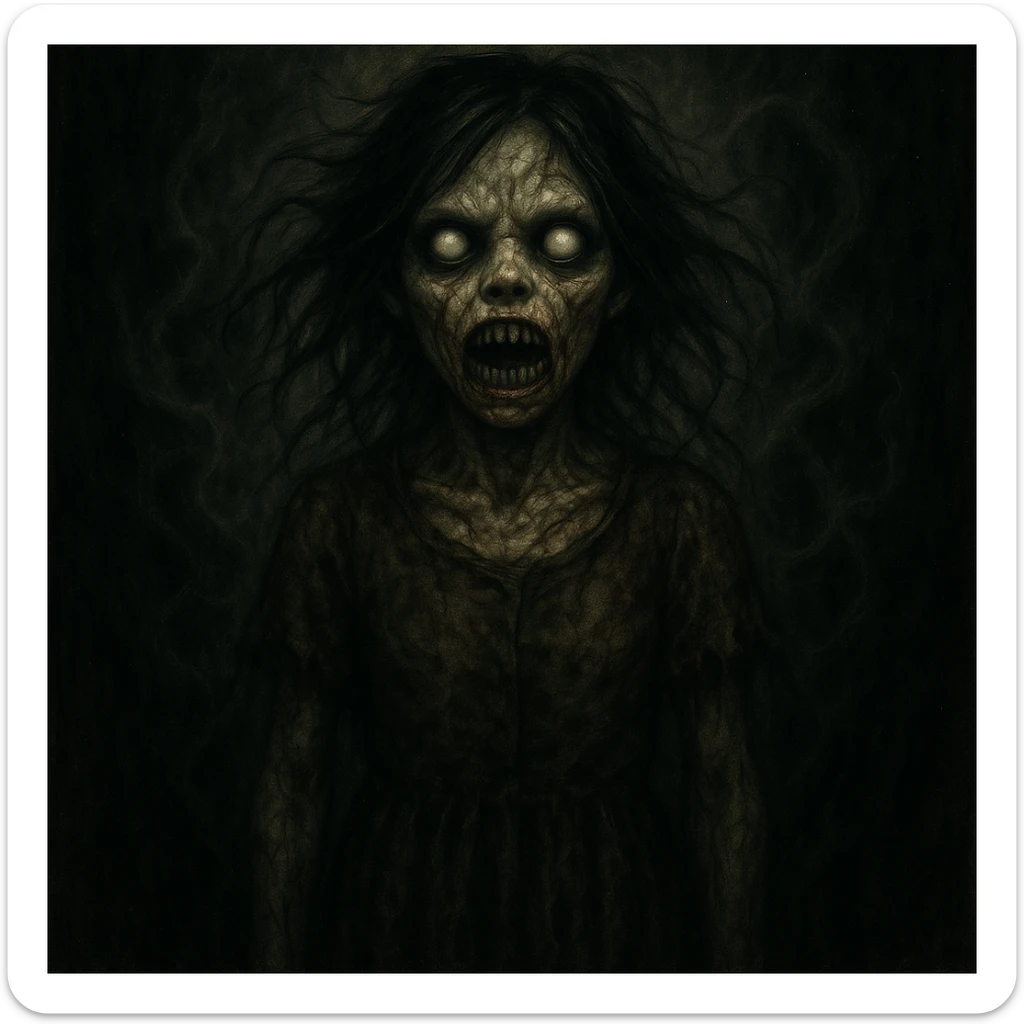 Make the creepy girl much scarier with disturbing features, intensify the horror atmosphere, and create a more unsettling expression in a horror style. sticker