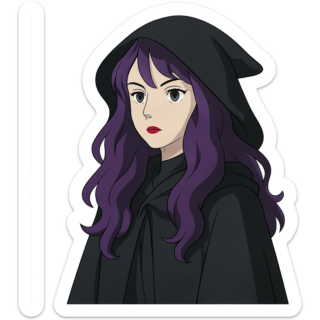 gothic woman with purple hair, witchy touch, wearing a black cloak, ghibli style sticker