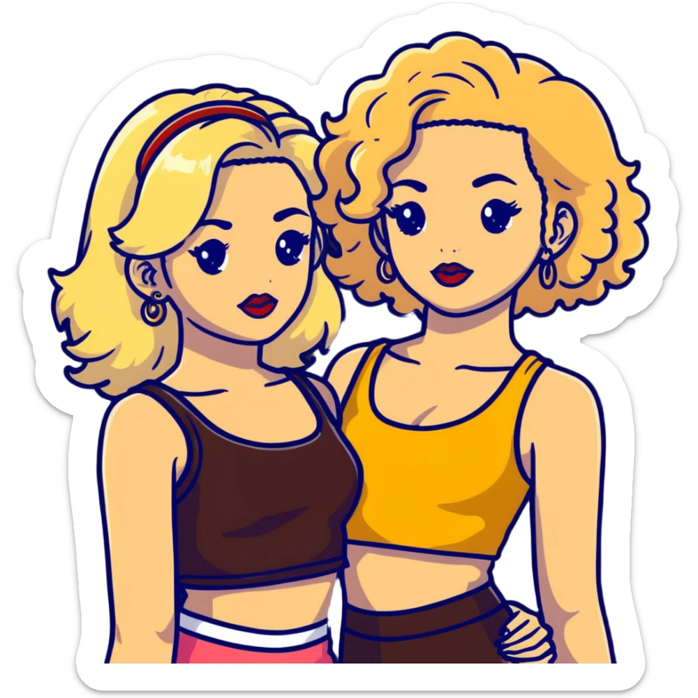 Two teenage girls together, one white with straight blonde hair and one brown-skinned with curly dark hair, both with heavy makeup, big lips, crop tops, gold jewelry and flashy choni style outfits sticker