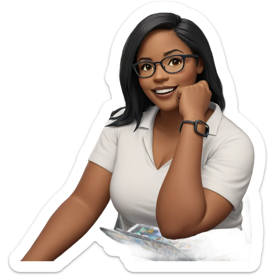 smiling girl with glasses reading sticker