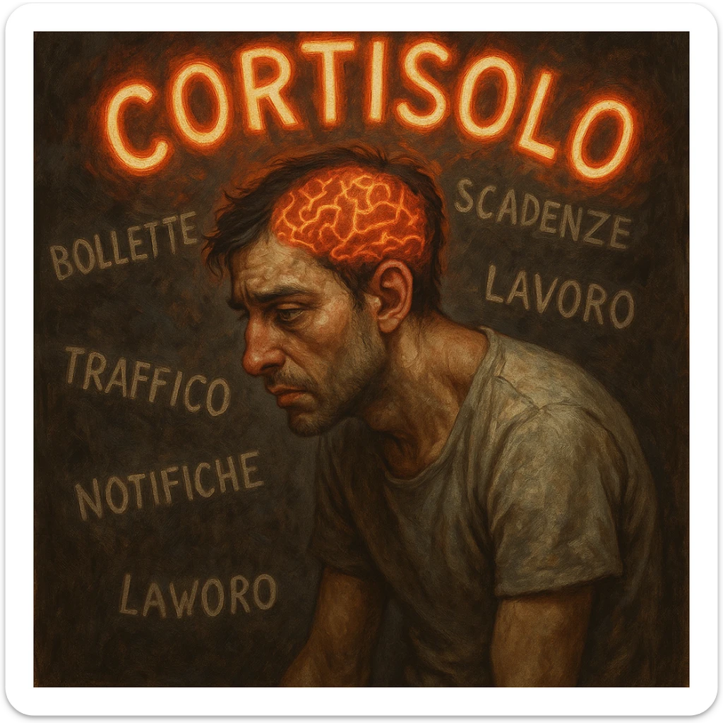 symbolic surrealism, semi-realistic; man in his thirties, tired eyes, tense muscles, curved posture, surrounded by glowing symbols 'Cortisolo' in Italian, orange-red aura; chaotic background with Italian words: 'bollette', 'scadenze', 'lavoro', 'traffico', 'notifiche'; visible brain with red-orange neural activity, moody lighting, detailed face sticker