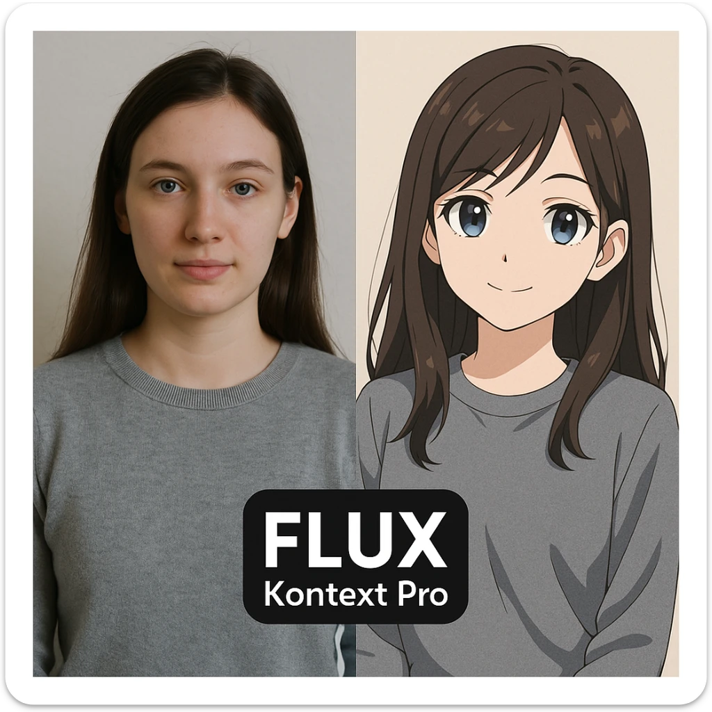 create before after image of a girl before is realsitic photo, after is anime version of her in same pose and clothes, add logo with text of a "FLUX Kontext Pro" sticker