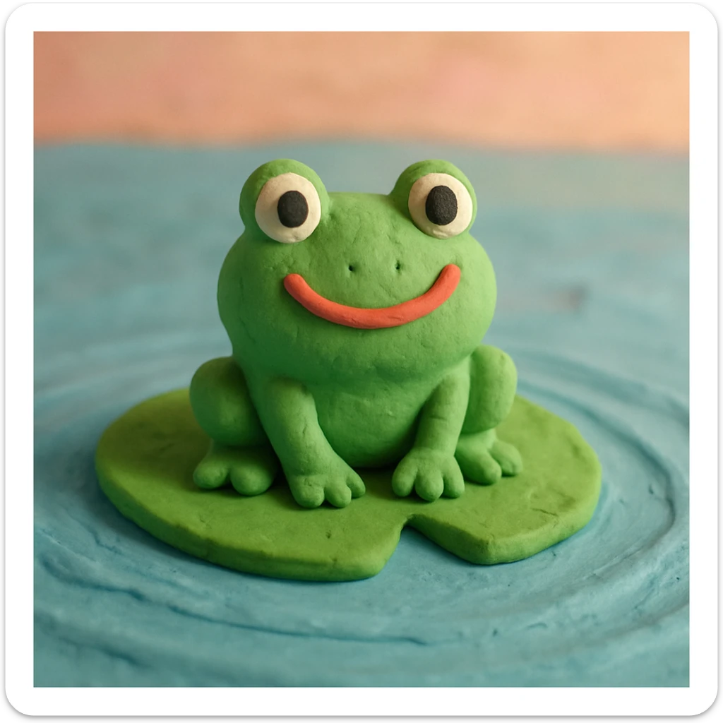 close-up of a smiling frog on a lily pad, gentle ripples in the pond, pastel background, claymation style sticker