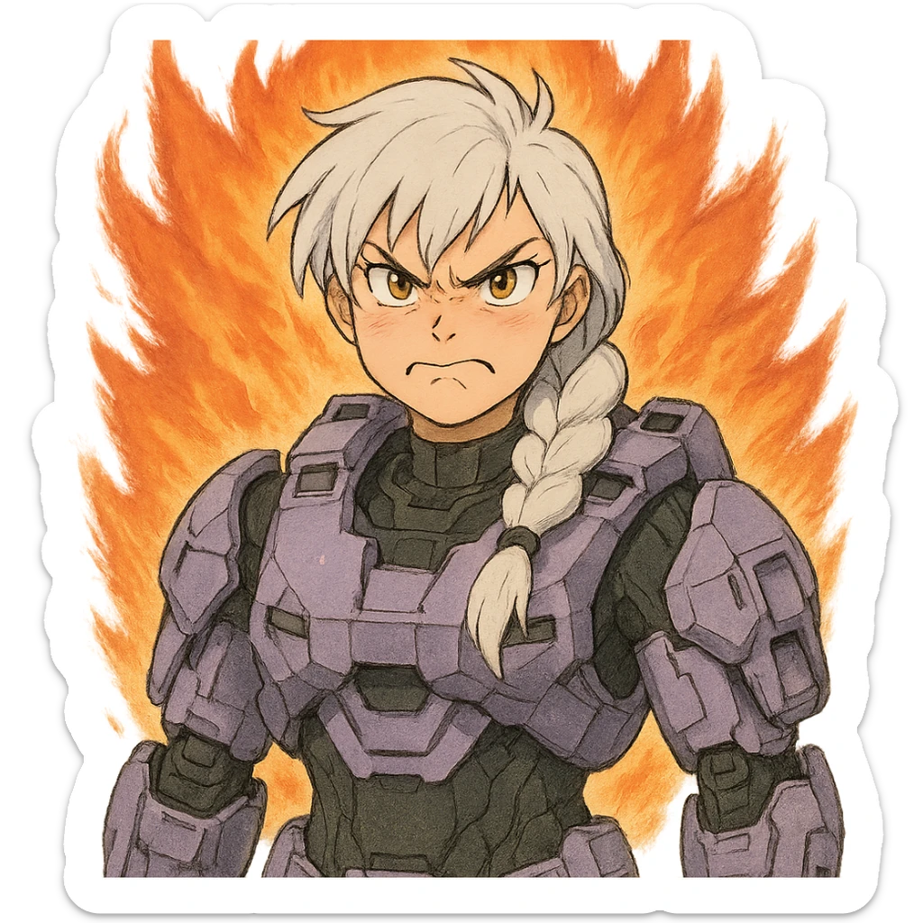 making an angry scowl, frown closed mouth, rage face, rage aura,  female, wearing reach spartan armor shoulder-unequip, long white braid hair with massive messy front side single bangs, gold yellow eyes, attention pose, D-cup size, HALO:series, no helmet, the armor is lavender color scheme, sticker
