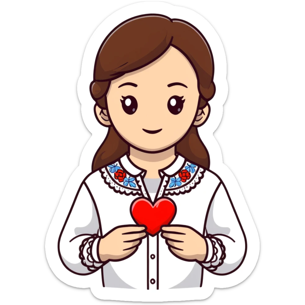 Beautiful young girl with brown hair in a white Ukrainian embroidered shirt holding a large embroidered heart sticker