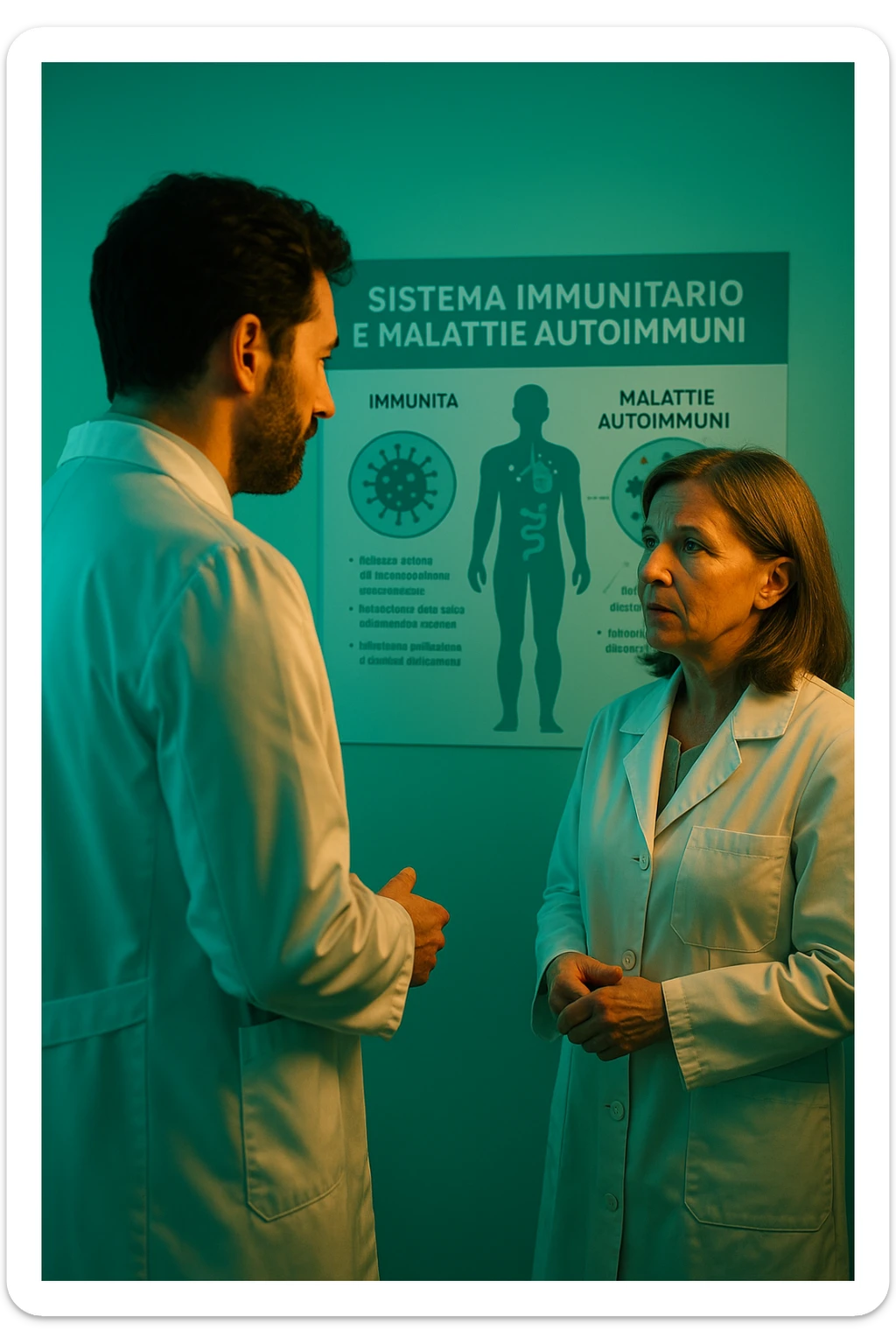 Realistic, detailed photo taken from behind of one doctor e un paziente —a bearded man and a middle-aged woman—standing and facing each other as they discuss an autoimmune disease diagnosis in front of a medical chart that displays information about the immune system and autoimmune conditions. The scene is illuminated by a yellowish, orange, warm light that softly envelops the doctors. The entire room is bathed in a single green-blue color, creating a cohesive and modern atmosphere. Both doctors wear white coats, and their body language suggests a serious, professional conversation about the complexities of autoimmune diseases. Shot with a Canon EOS R5, with high detail and natural depth of field. in italiano sticker