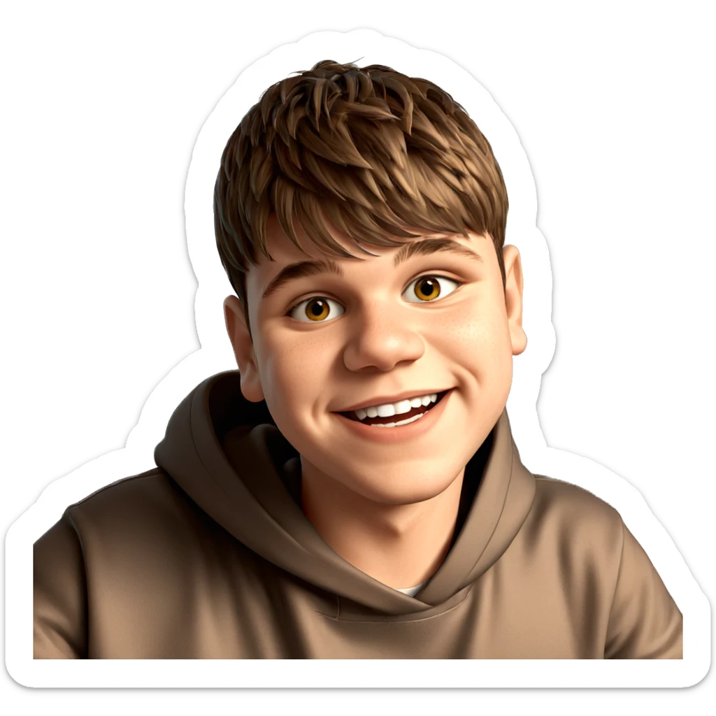 smiling boy in kitchen hoodie sticker