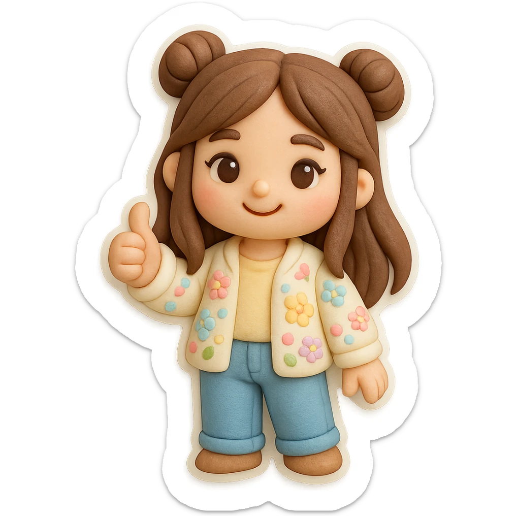 3D chibi fondant cake art style, high-quality rendering with smooth shadows and soft gradients. Girl based on reference image, preserve facial features, long brown hair in two space buns, brown eyes, jeans, pastel floral cardigan, thick white outline like a sticker, transparent background. Thumbs up, happy expression, consistent appearance with previous stickers. sticker