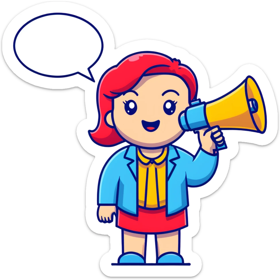 cute cartoon female psychologist with megaphone and feminist symbol, joyful and humorous, pink red yellow palette, modern style sticker