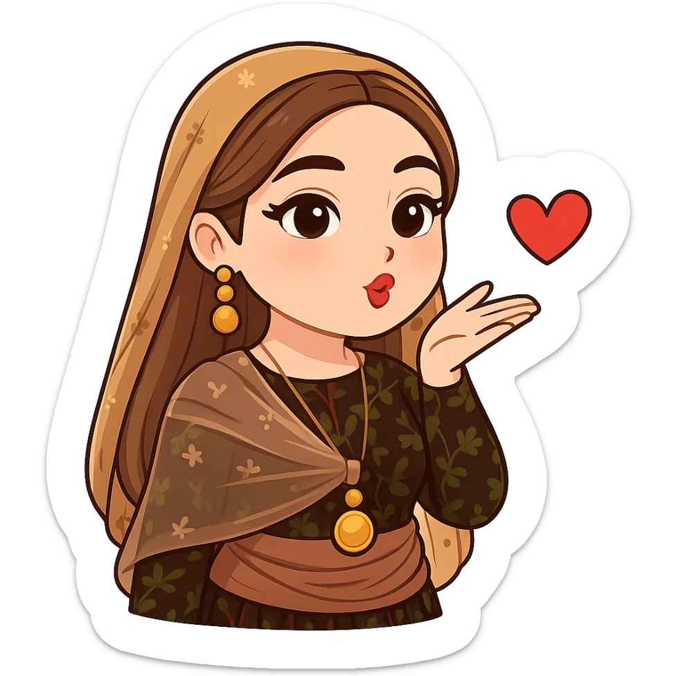 Kurdish cartoon sticker of the same woman in the new dress, blowing a kiss with hand near mouth, heart symbol, no text, transparent background, chibi stickers style. sticker