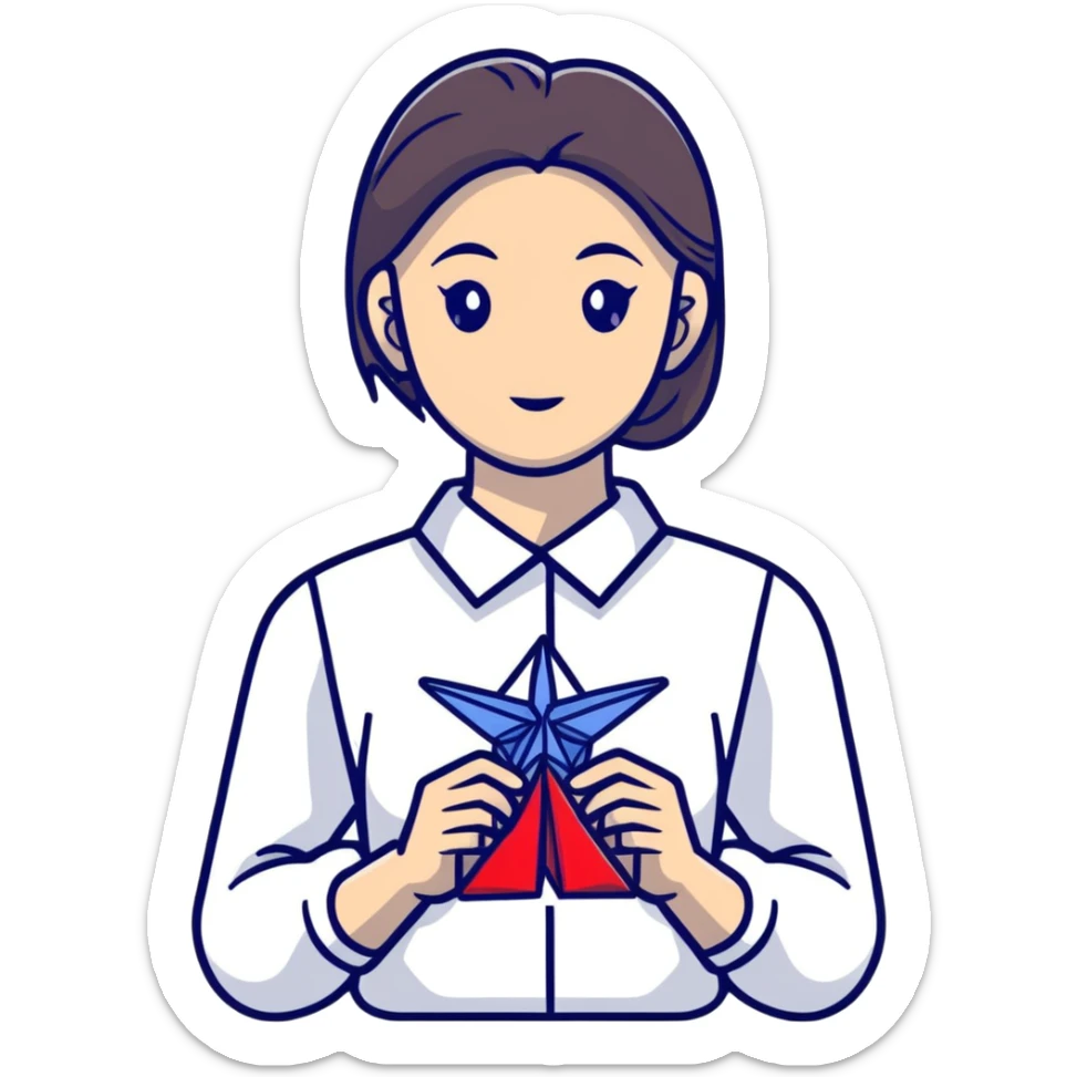 Ukrainian young girl in a white embroidered shirt holds an origami crane sticker