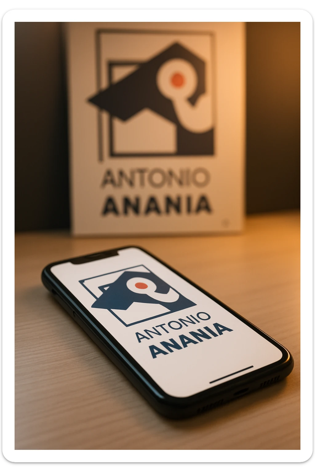 A photo of an iPhone on the desk with the logo of "Antonio Anania" on its screen, The phone sits atop a desk with a blurred with the logo in the background that suggests work environment. A faint glow from above casts gentle shadows across the surface of each object, creating depth and highlighting their textures sticker