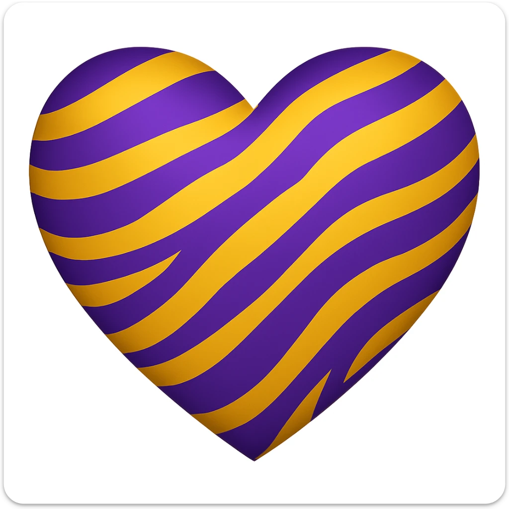 Remove any tiger imagery and only show large purple and gold tiger stripes on the heart. Make the stripes larger and more prominent. The style should maintain the look of the original image while focusing on the purple and gold tiger stripes on the heart only. sticker