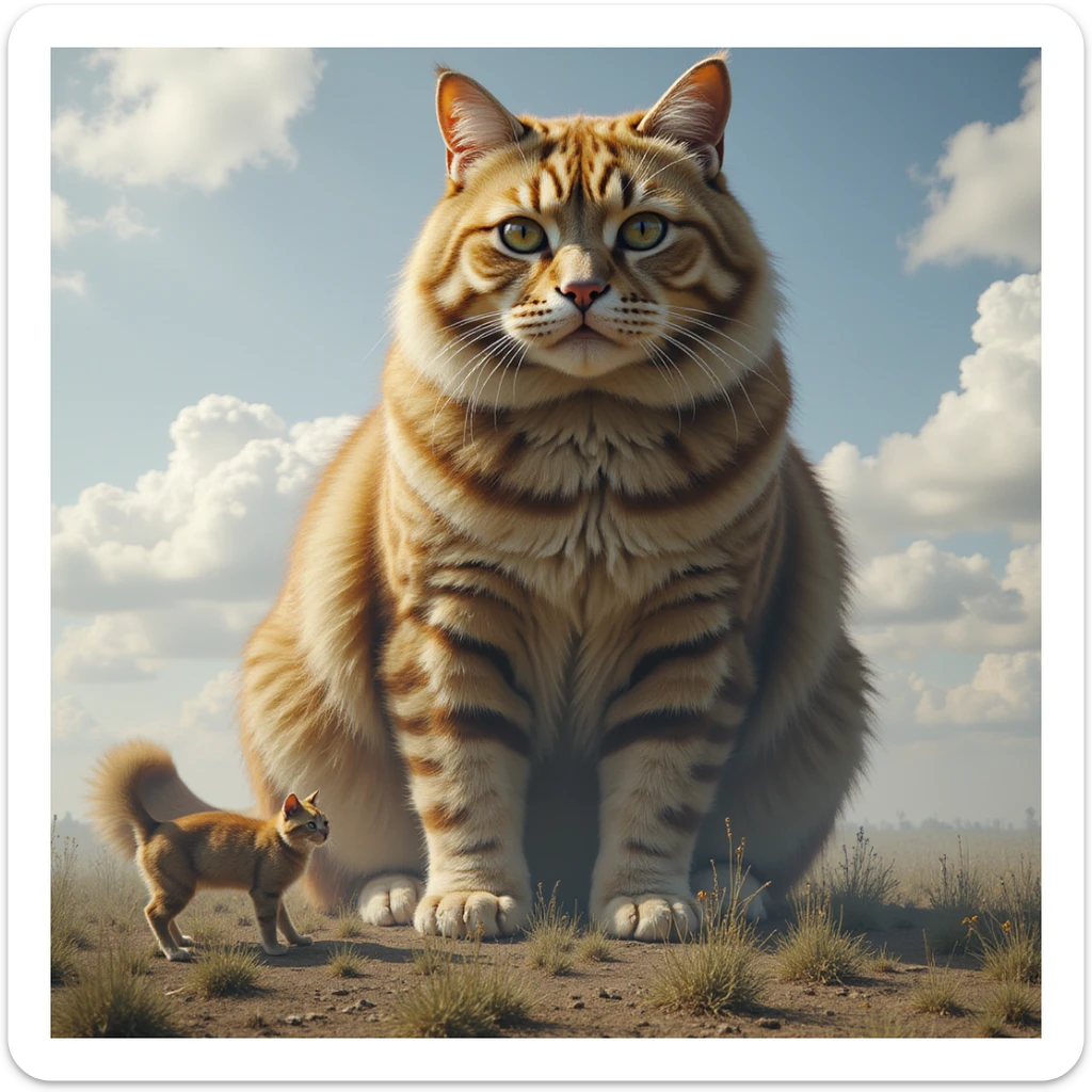 the world's biggest cat, towering over normal cats, photorealistic style sticker