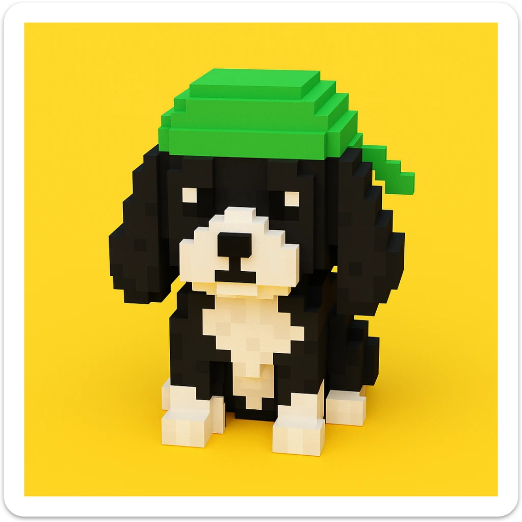 A black and white Russian Cocker Spaniel puppy wearing a green durag, voxel style, sitting, facing forward sticker