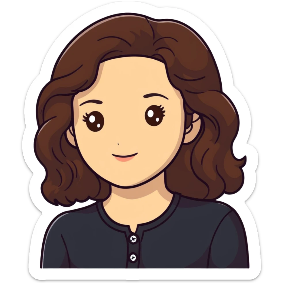 27 year old Caucasian woman with fair skin, brown eyes, long wavy dark brown hair, wearing a black top with a button sticker