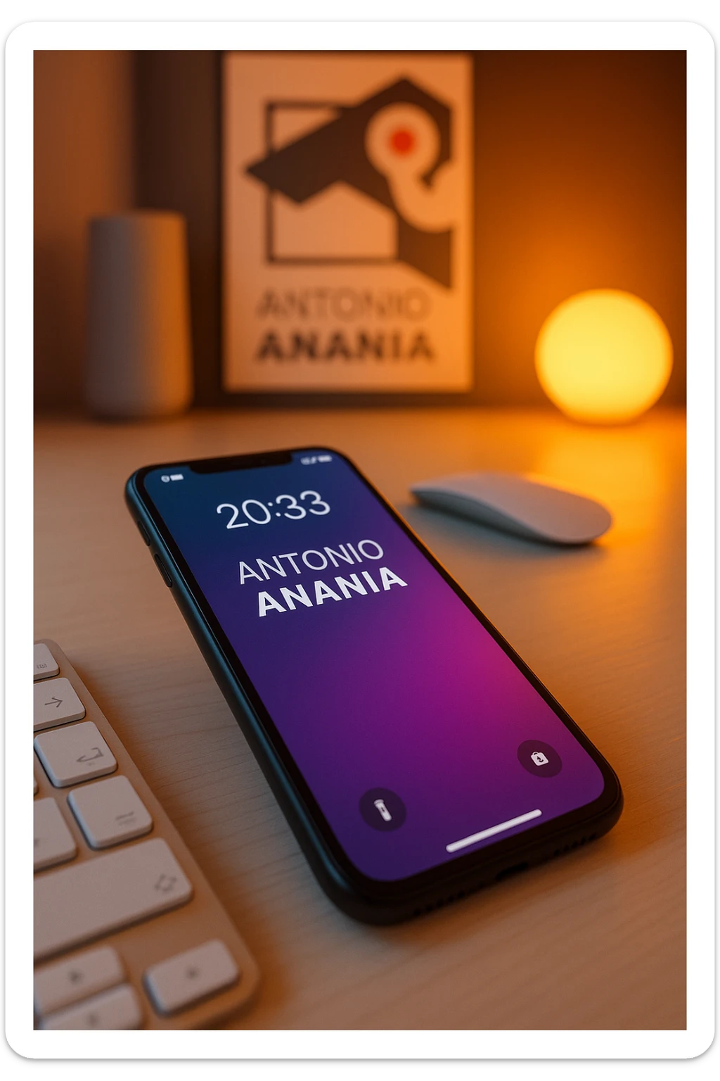 A photo of an iPhone on the desk with the message "Antonio Anania" on its screen, The phone sits atop a desk with a blurred background that suggests work environment. A faint glow from above casts gentle shadows across the surface of each object, creating depth and highlighting their textures sticker