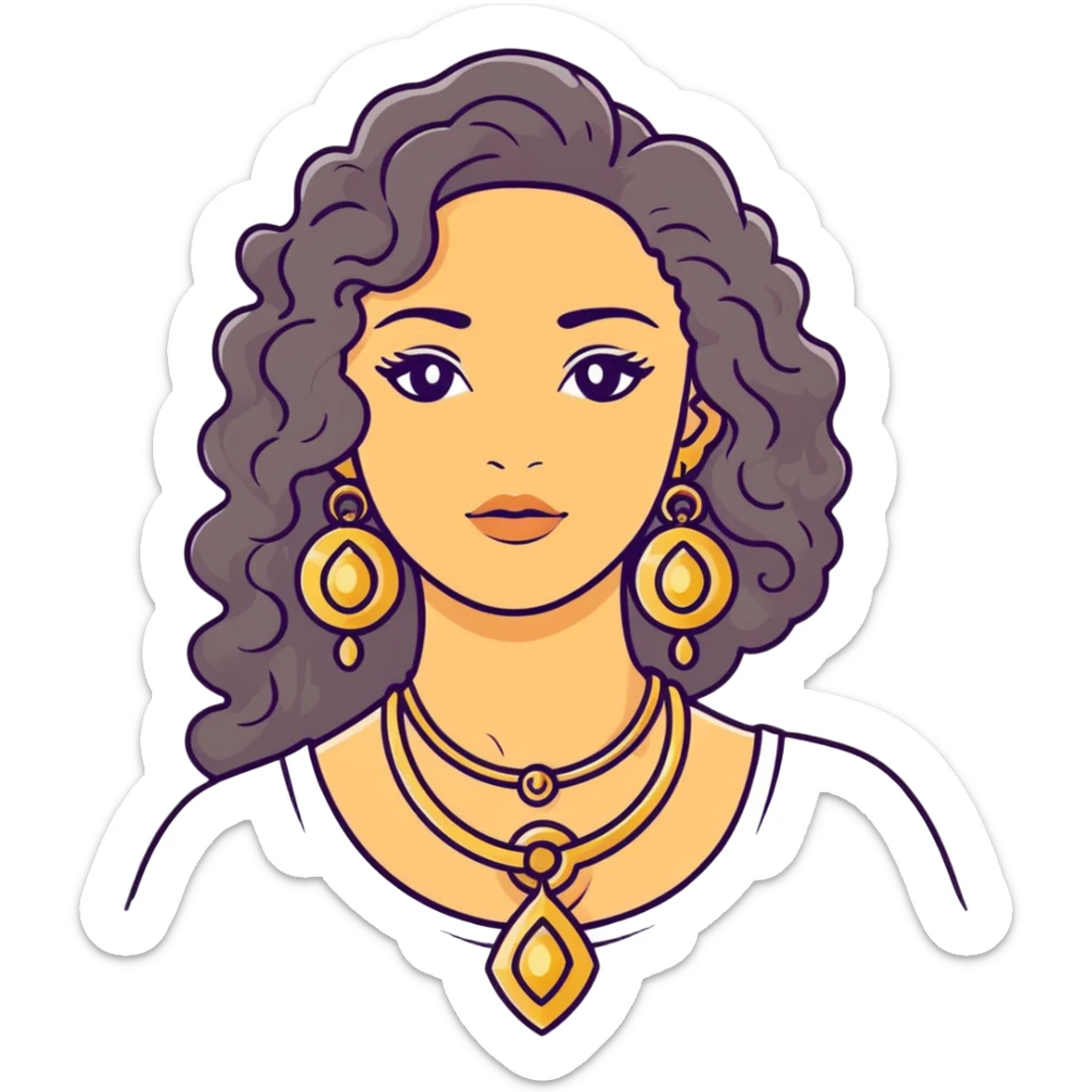 attractive Greek woman with long curly hair and light skin wearing gold Greek jewelry sticker