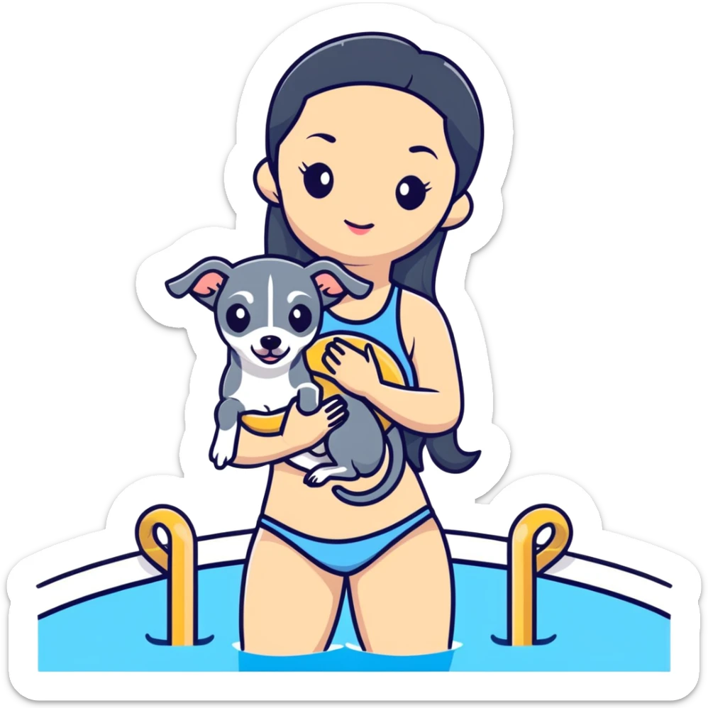 Slim Chinese woman with long black hair in appropriate pool attire at an indoor swimming pool with her Italian greyhound that is COMPLETELY solid grey, with absolutely NO white markings anywhere, single uniform grey color throughout entire dog body sticker
