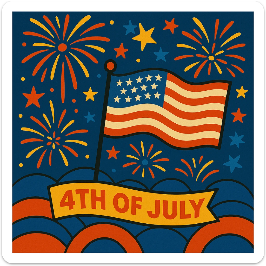 Add more fireworks in the sky, keep the vibrant 4th of July celebration style with colorful and festive fireworks illuminating the night sky. sticker