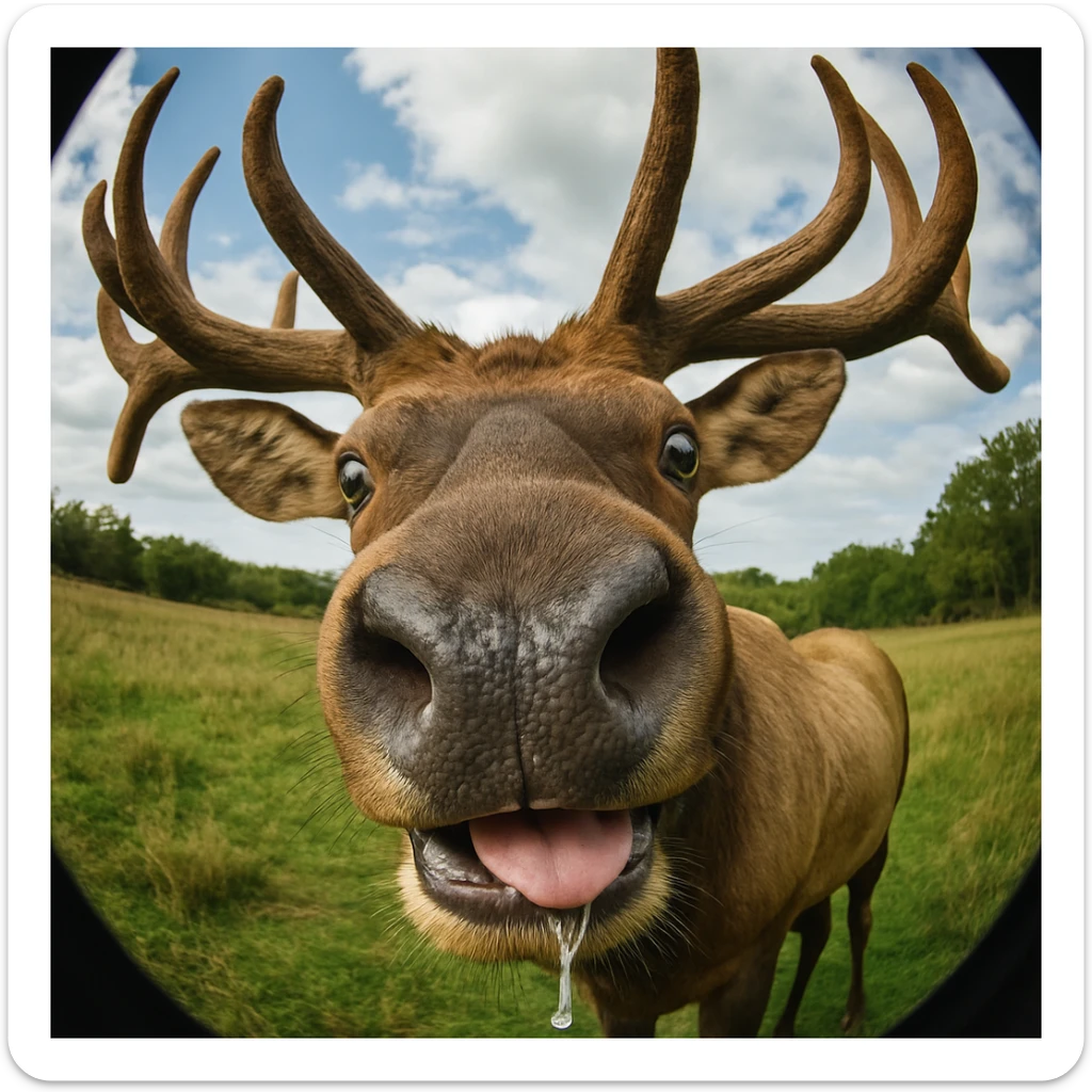 a closeup of a elk's face, fisheye lens, funny, meme, elk with big antlers, funny face, deer moose, drooling sticker