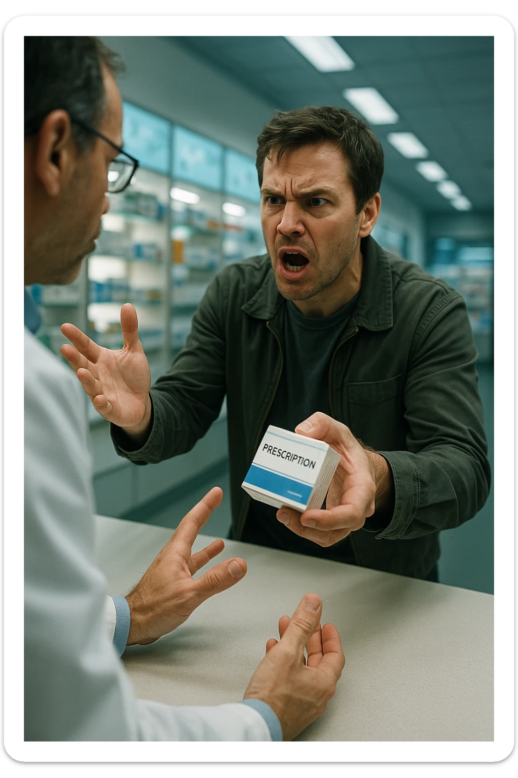 Cinematic Frustrated man at pharmacy counter demanding immediate pain relief medication, expression of impatience wanting instant symptom elimination, ignoring pharmacist's questions about underlying causes, grabbing prescription bottle eagerly, symptom suppression taking priority over healing, modern medicine aisle promising quick fixes for complex health problems" in italiano sticker