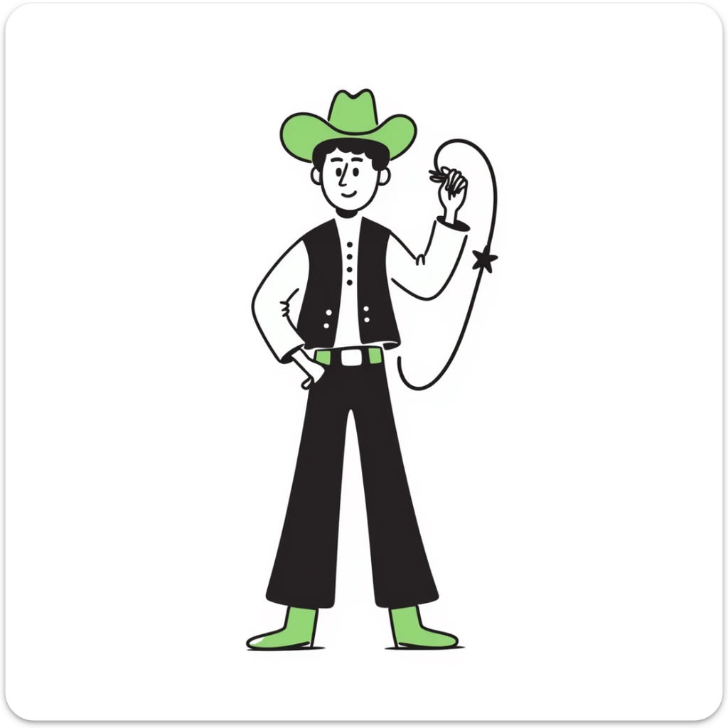 Cowboy wearing a bright green hat with no star, lasso in hand, western outfit sticker
