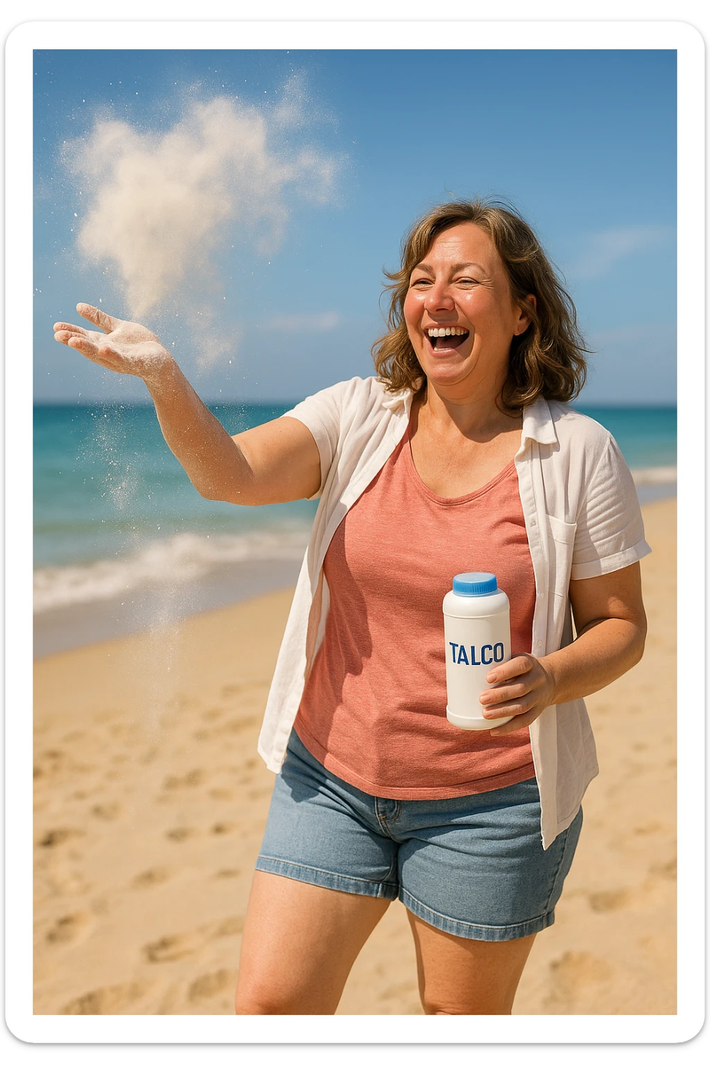 Donna in spiaggia che butta il borotalco italiano, la donna è intorno ai 66kg sticker