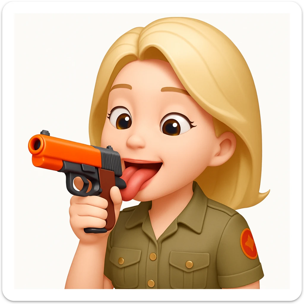 Edit the emoji so it is putting the gun toward its tongue, keeping the playful and cartoonish style. sticker