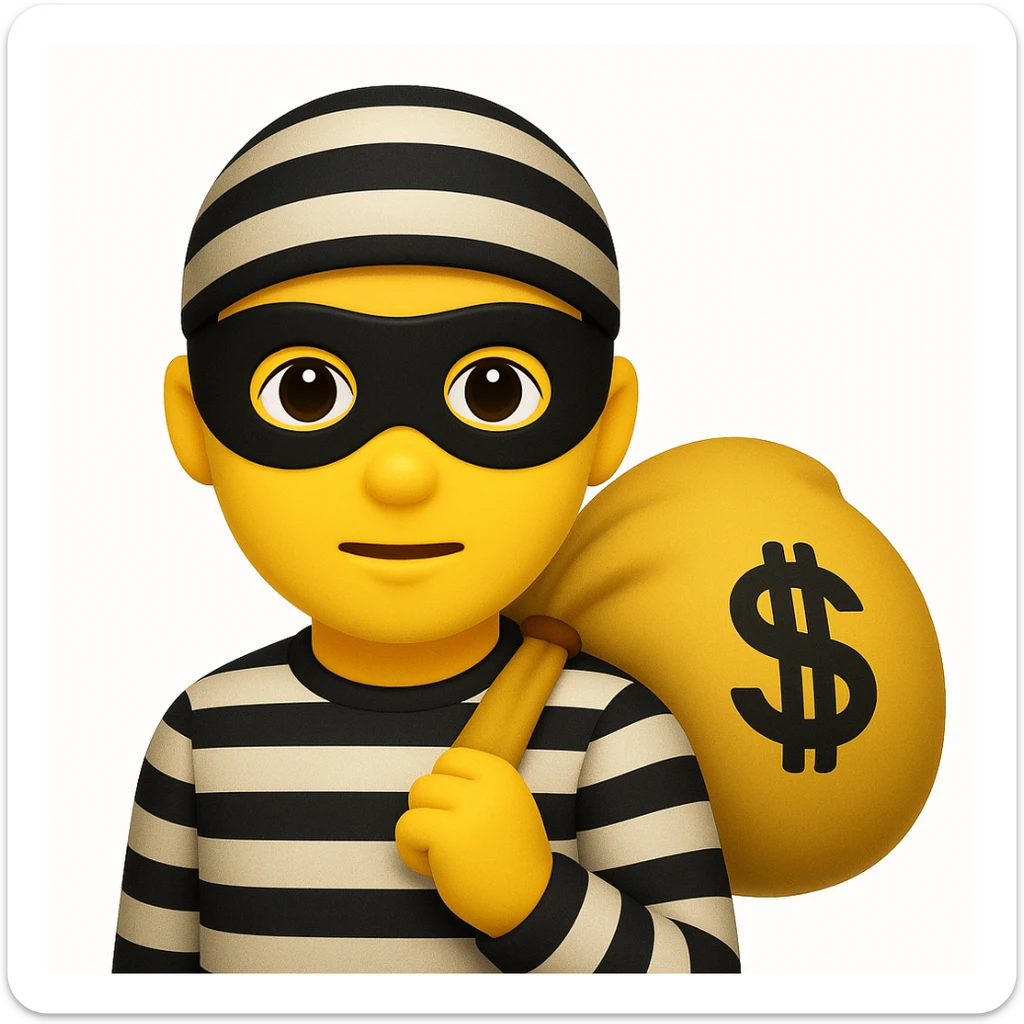 A thief with a bag of money on his back, wearing a striped suit and a black eye mask, emoji style, make it look like apple emoji sticker