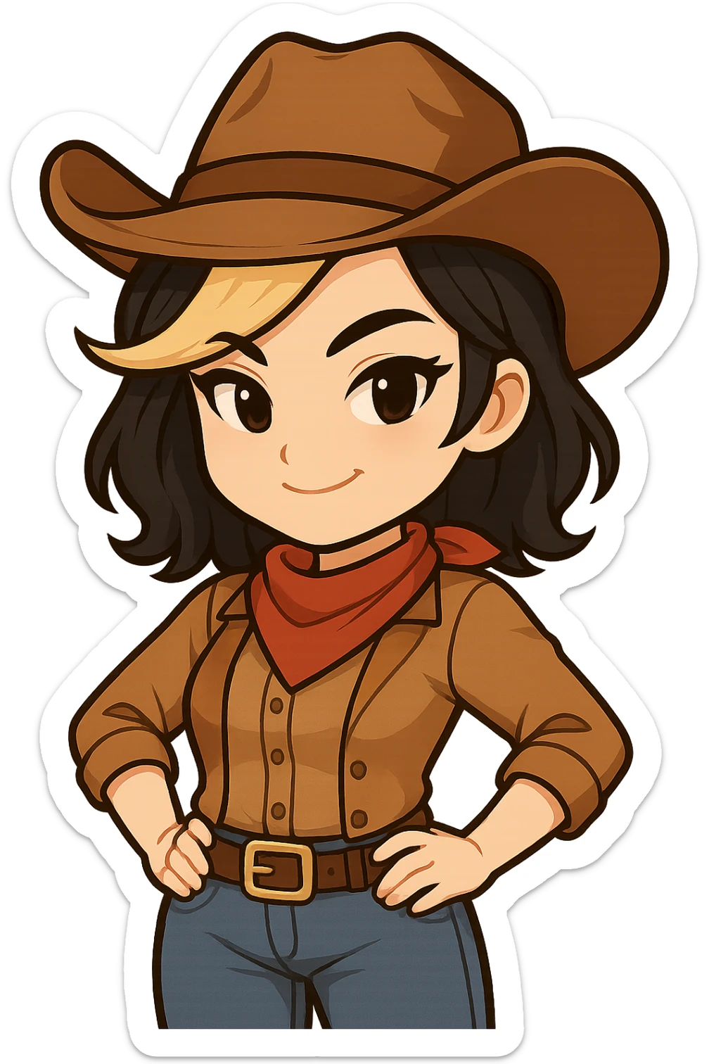 Chibi cowgirl with slightly longer hair and a blonde streak, wearing a cowboy hat and western outfit, no guns, chibi/anime style, transparent background, sized for Twitch or Discord use. Pose: hands on hips, smirking expression. sticker