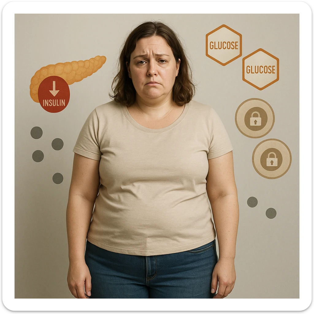 Realistic 38-year-old woman, slightly overweight, fat on abdomen and face, in a neutral environment. Expression tired and frustrated. Around: stylized pancreas with low insulin icon, glucose molecules, cells with closed padlocks. Realistic style with medical symbols. sticker