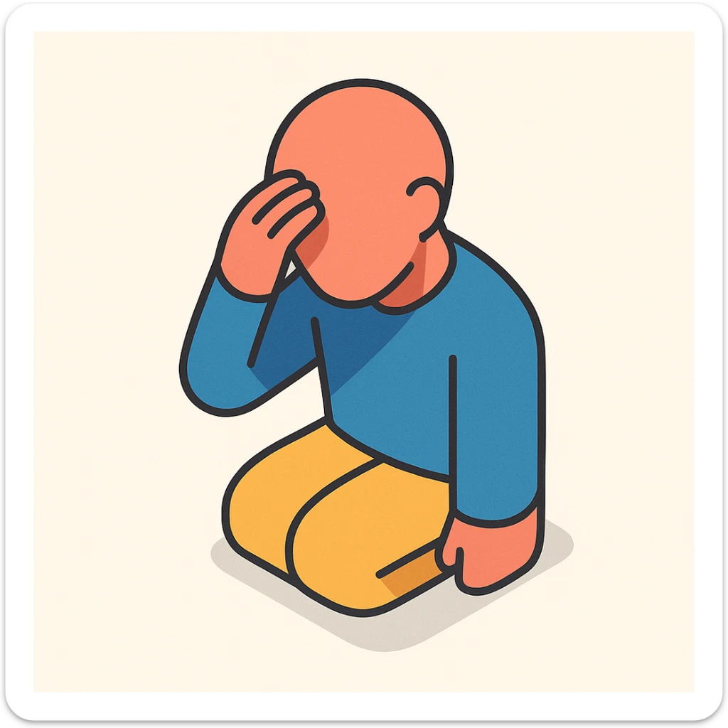 minimalist human silhouette without hair, holding head, symbol of fatigue, stress or headache, 2D isometric style, very simple shape, clear shadows and highlights sticker