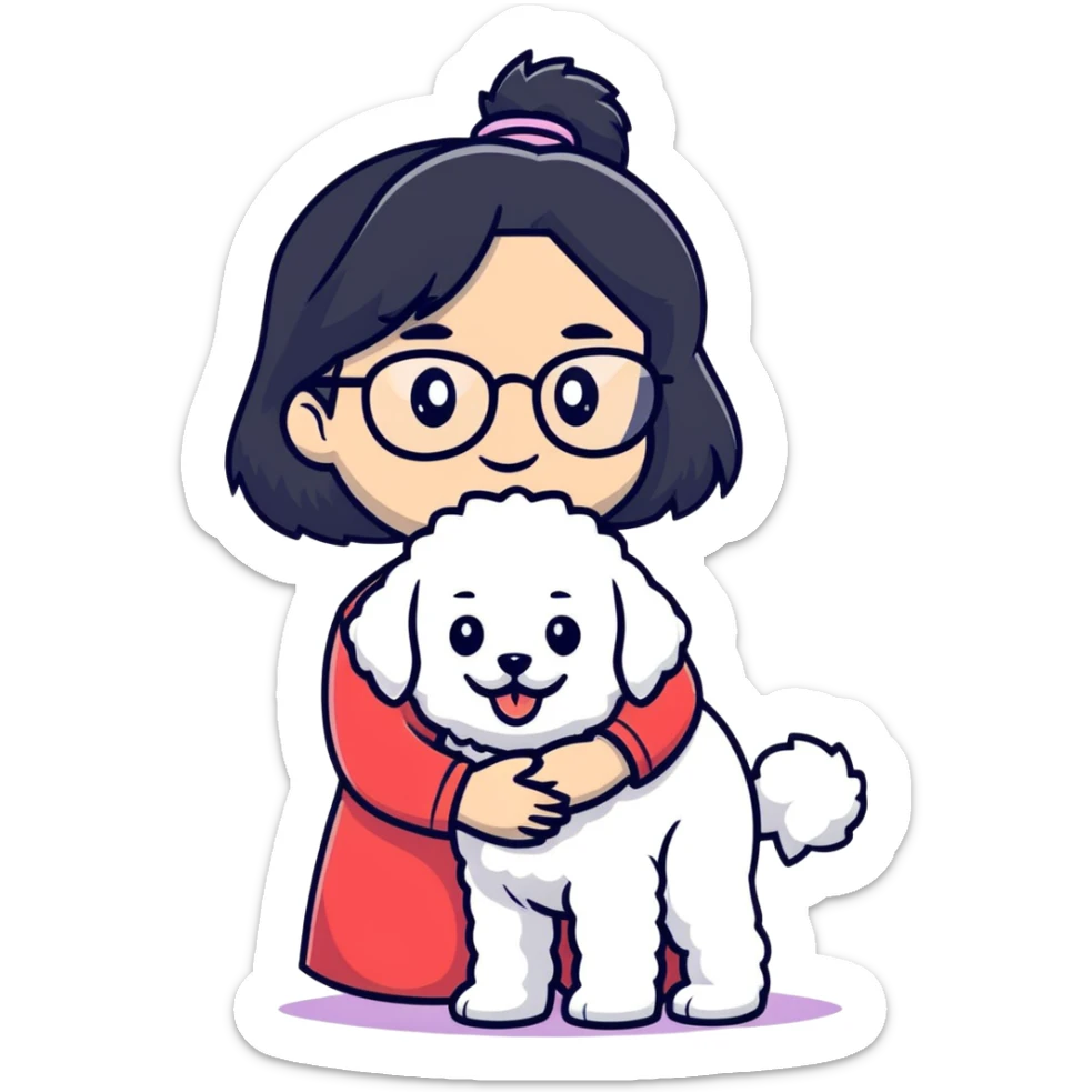 Girl with long black hair and glasses holding a white Bichon Frise dog sticker
