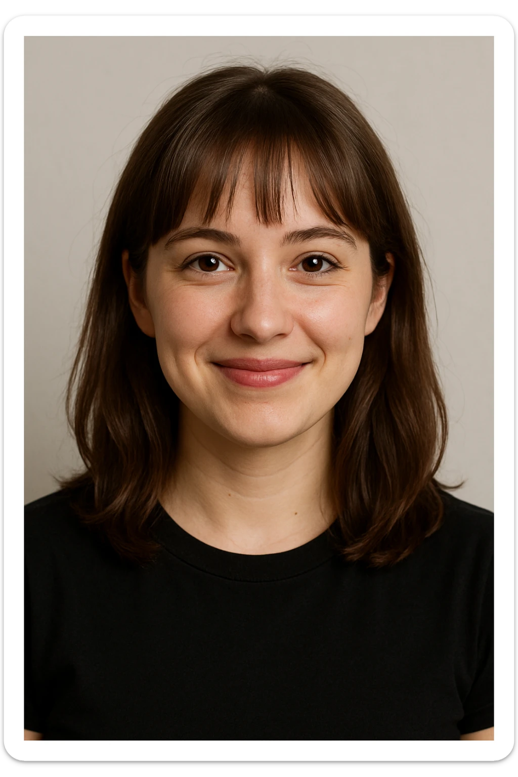 person with brown hair and bangs, brown eyes, black shirt, simple background, friendly expression sticker