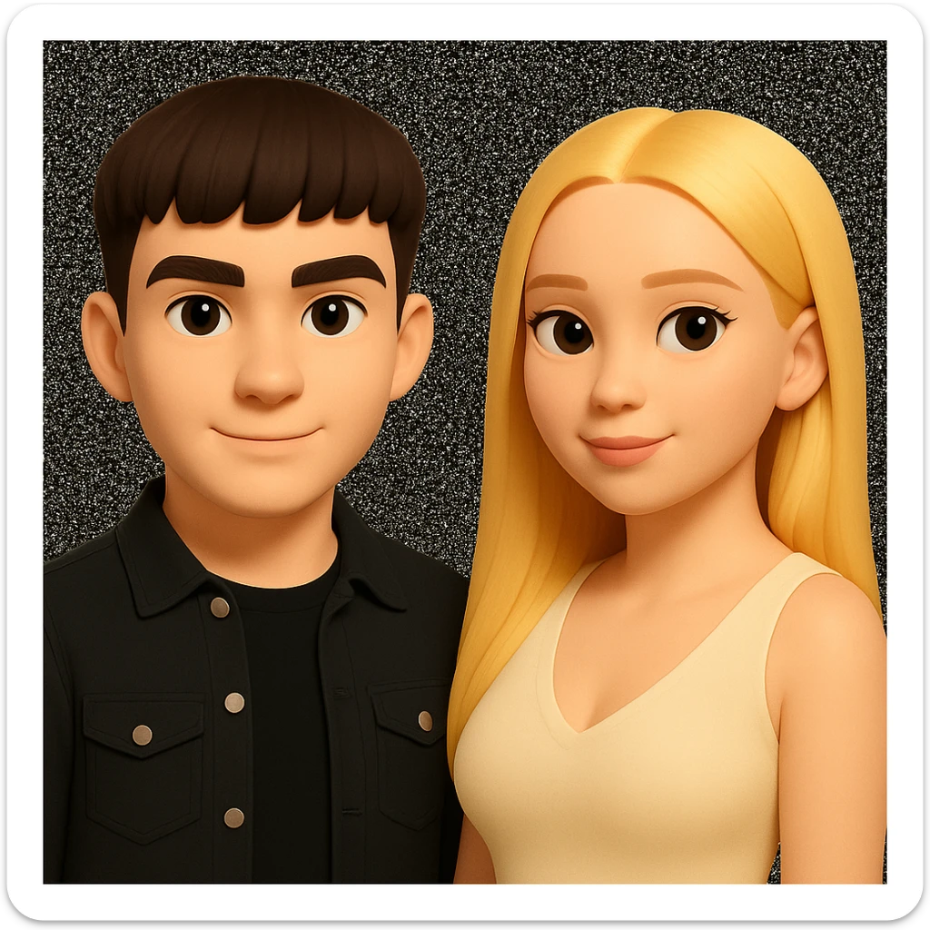 Slightly increase the volume of the upper body of the girl, separate the girl and the boy from each other, and make the skin color the same for both characters. Maintain the cartoonish 3D style as in the reference image. sticker