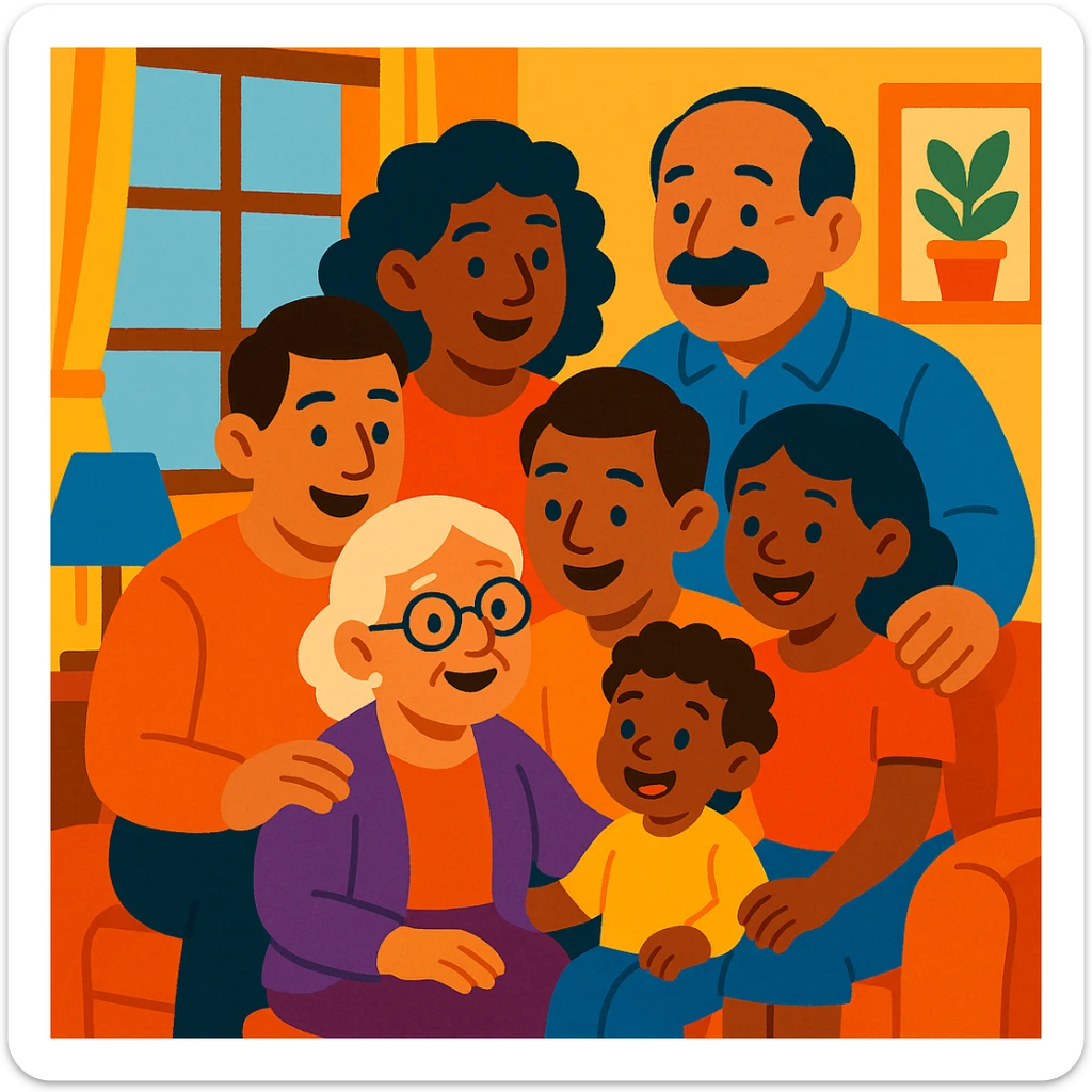 warm illustration of a family theme, diverse age family members together, bright and cozy atmosphere sticker