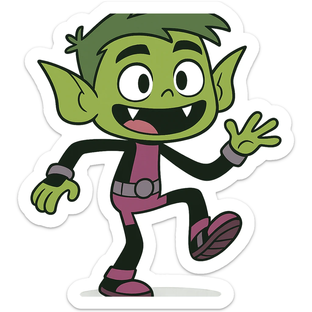 Beast Boy from Teen Titans Go, cartoon style, green skin, playful pose, purple and black suit, fangs showing sticker
