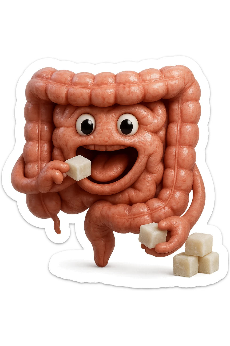 emoji stile iphone di un intestino anatomico che mangia zollette di zucchero, iperrealistico 4k, isolato su sfondo bianco sticker