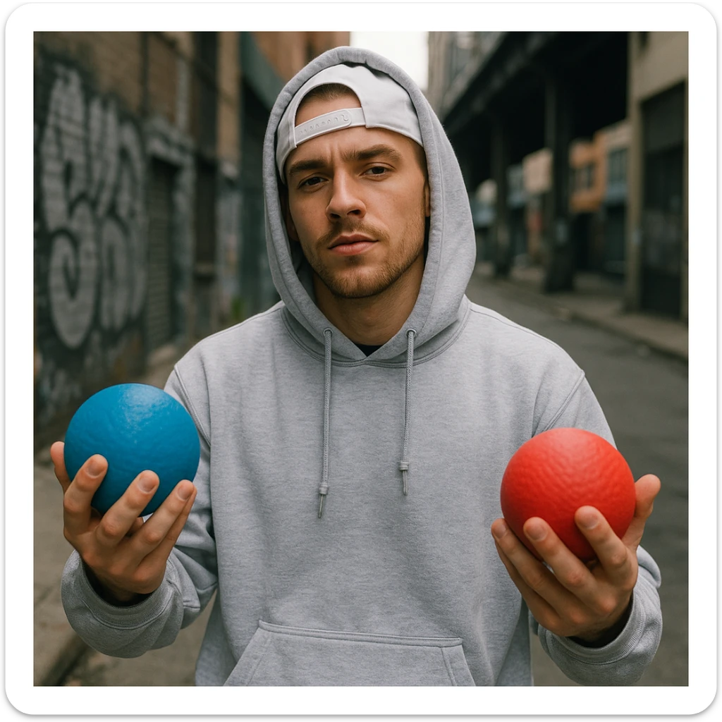 A white rapper wearing a hoodie, holding a blue ball and a red ball in opposite hands, street style, confident expression sticker