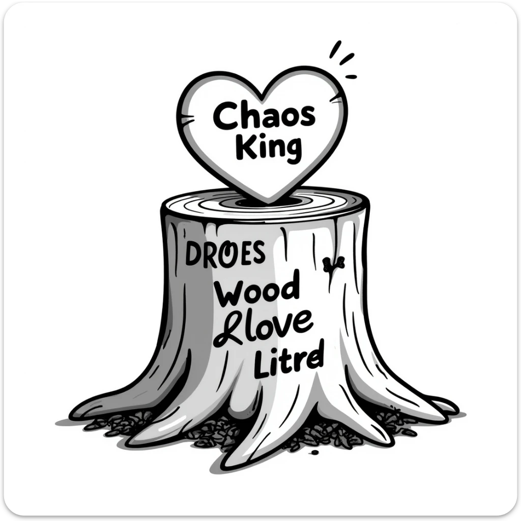 stylized heart carved into a tree stump, with 'Chaos King' and 'Chaos Queen' etched in a dramatic, energetic style, wood shavings around, hand drawn doodle style sticker