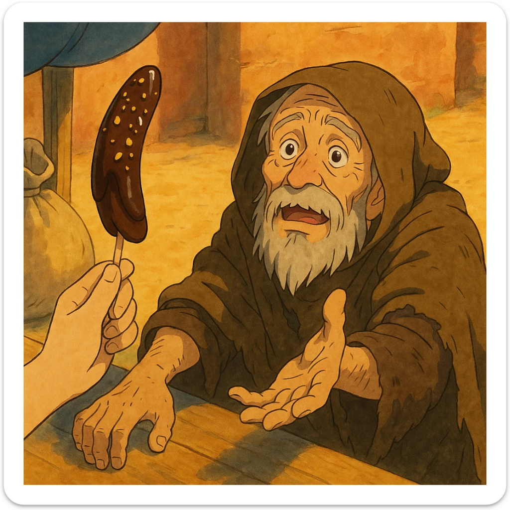 ghibli style illustration of a beggar reaching for a chocobanana, warm and expressive sticker