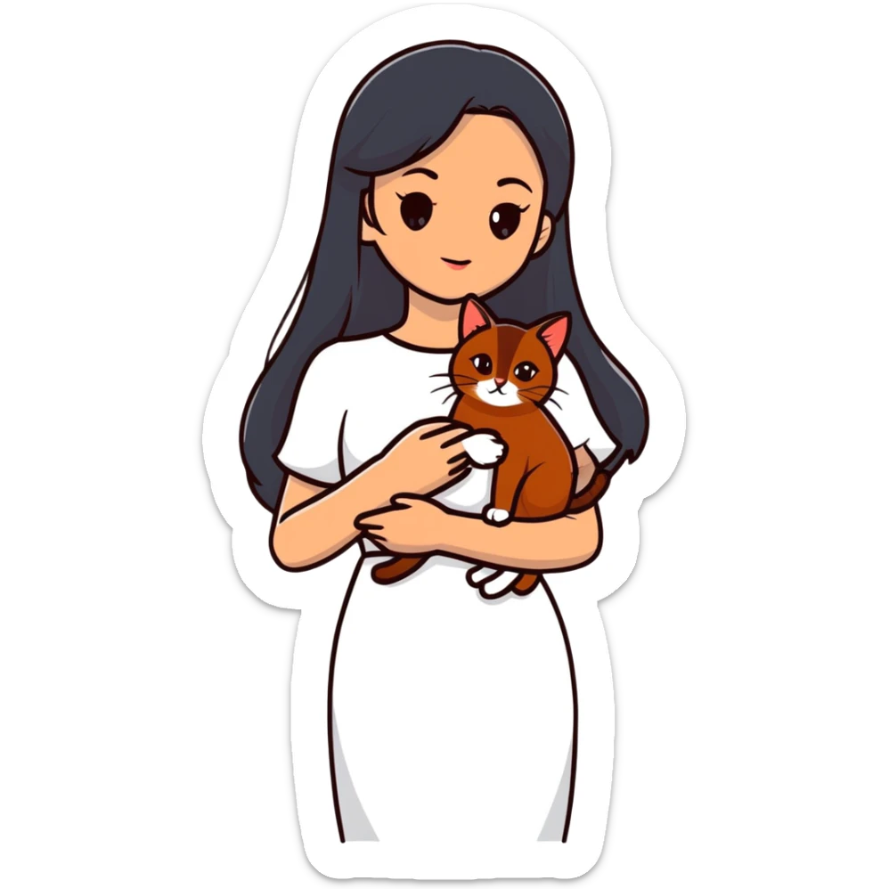 beautiful girl with long black hair wearing a white dress holding an Abyssinian cat with reddish-brown fur in her arms sticker