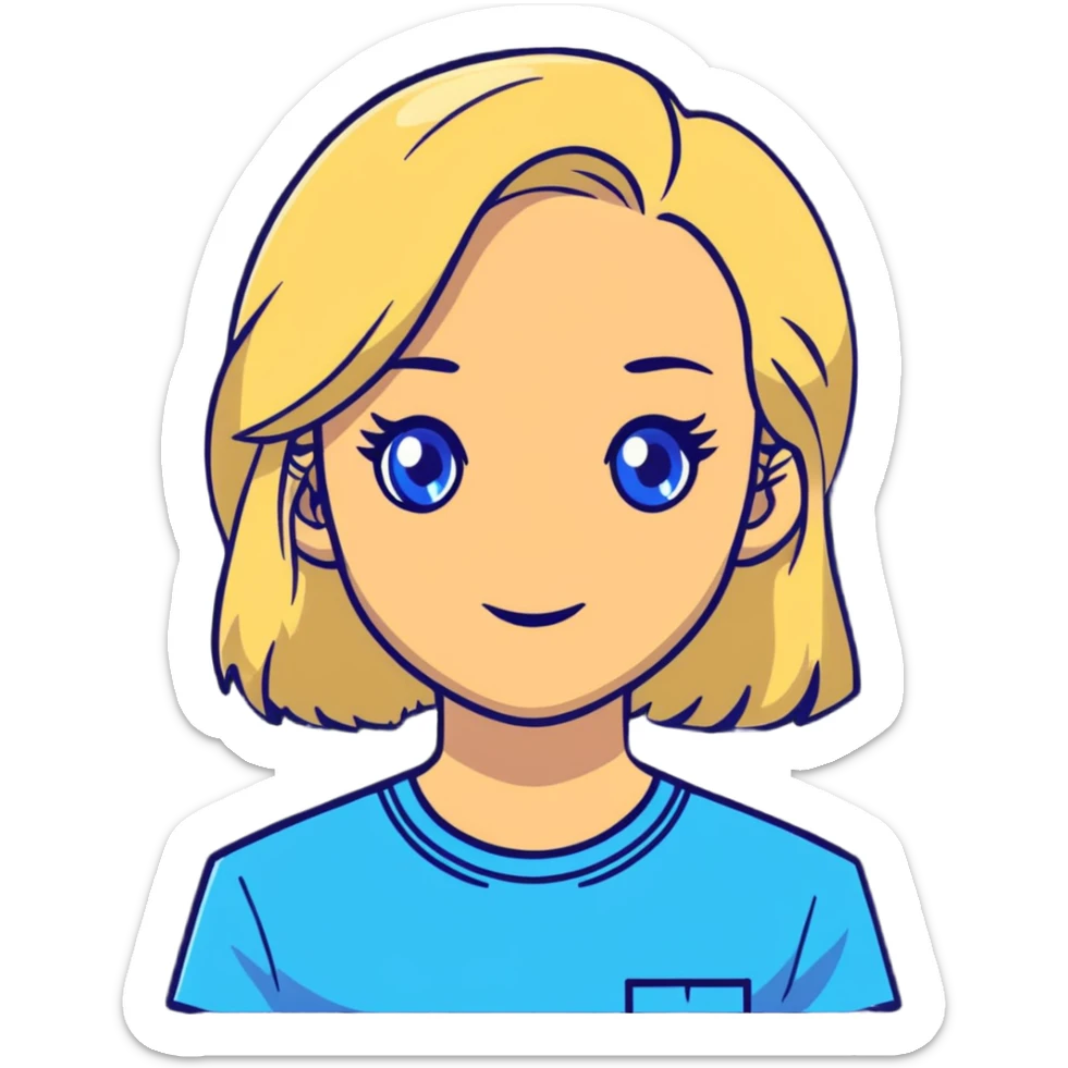 light gentle 20 year old girl in a shirt, light hair, blue eyes sticker