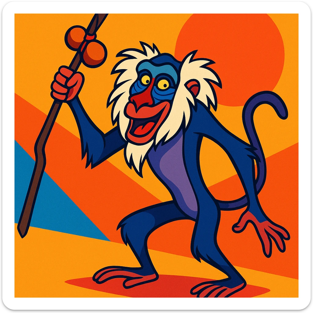 Rafiki from The Lion King holding his staff, full body, expressive, vibrant colors, cartoon style sticker